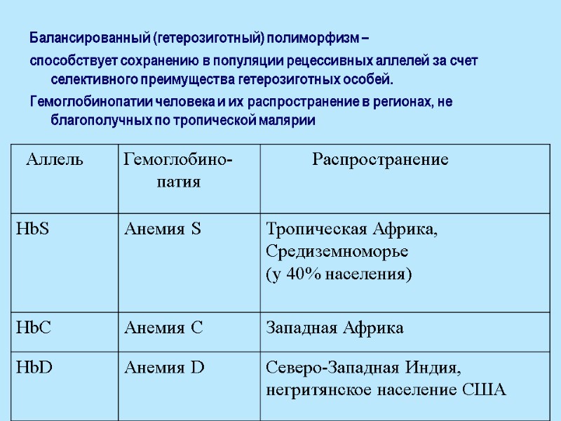 Балансированный (гетерозиготный) полиморфизм – способствует сохранению в популяции рецессивных аллелей за счет селективного преимущества